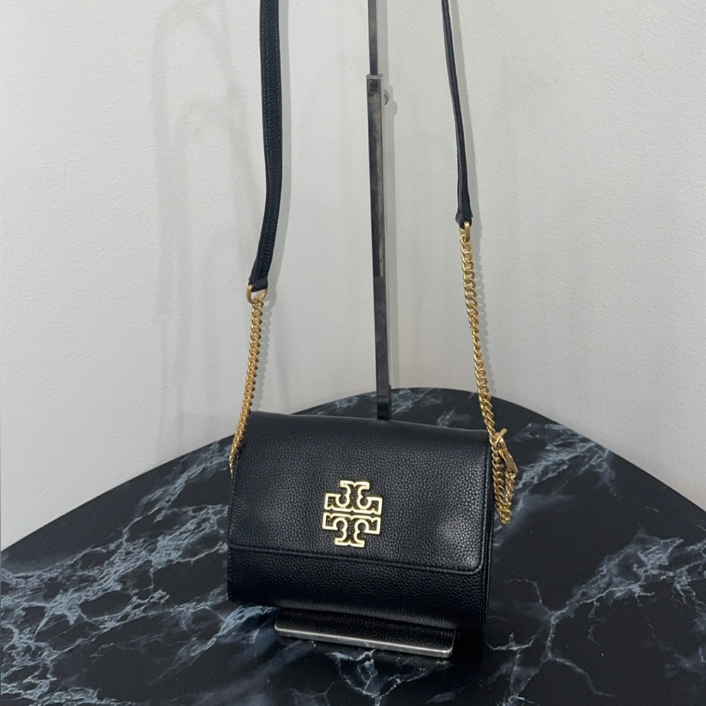 TORY BURCH Britten Chain Wallet Black Leather Bag AUTHENTIC - LIKE NEW - Picture 2 of 10